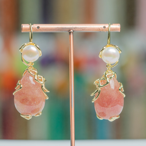 Bronze Lever Earrings With River Pearls And Cabochon Pendant 24x52mm Strawberry Quartz