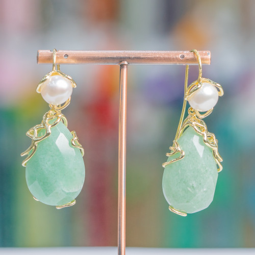 Bronze Lever Earrings with River Pearls and Faceted Cabochon Pendant 22x48mm Green Aventurine