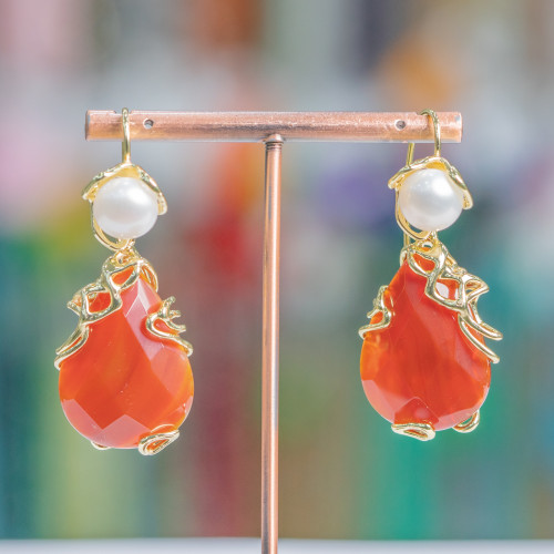 Bronze Lever Earrings With River Pearls And Faceted Cabochon Pendant 22x48mm Carnelian