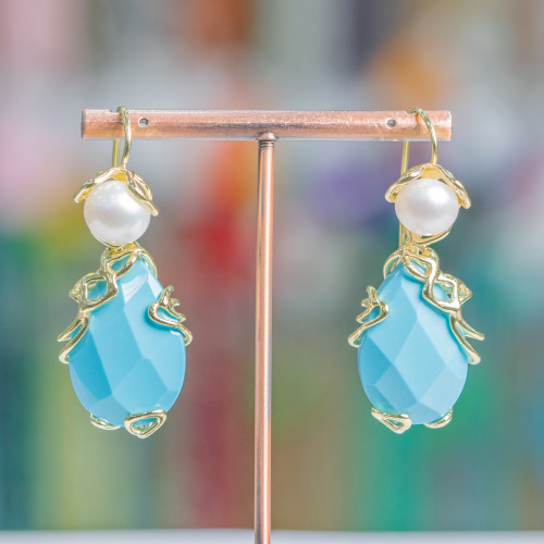 Boucles d'oreilles levier en bronze avec perles de rivière et pendentif cabochon facetté 22x48mm pâte turquoise