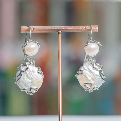 Bronze Lever Earrings With River Pearls And Pendant With Baroque Pearls 24x52mm Rhodium Plated