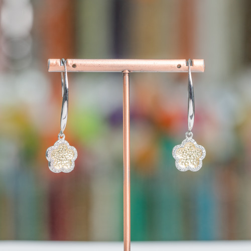 Long Lever Earrings Of 925 Silver With Flower Pendant And Zircons 21x38mm