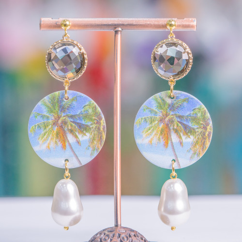 Steel Stud Earrings With Printed Mother-of-Pearl Center And Drops Of Semi-precious Stones 30x77mm MOD5