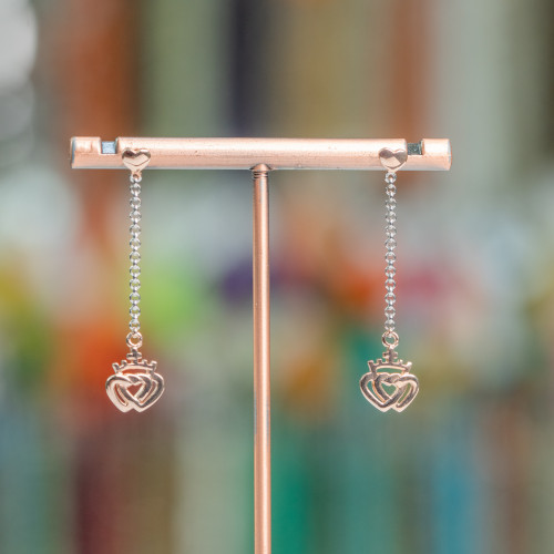 925 Silver Stud Earrings With Chain And Intertwined Hearts With Rose Gold Crown 9x41mm