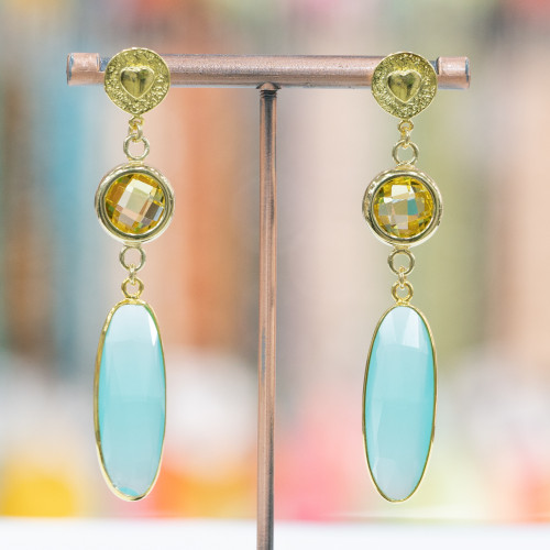 925 Silver Stud Earrings With Cubic Zirconia 12x66mm Golden Yellow-Turquoise