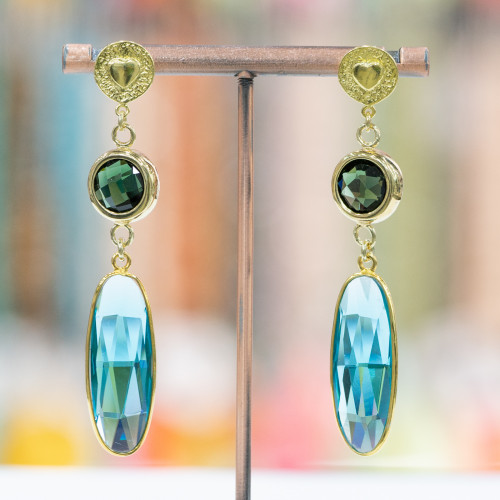 Orecchini A Perno Di Argento 925 Con Cubic Zirconia 12x66mm Dorato Verde-Azzurro