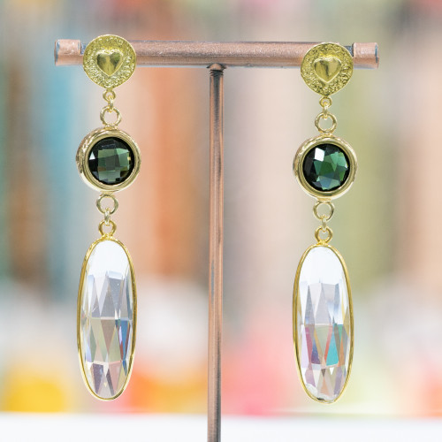 925 Silver Stud Earrings With Cubic Zirconia 12x66mm Golden Green-Transparent