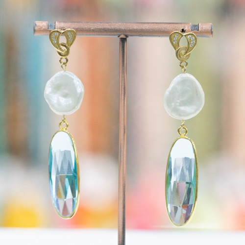 Boucles d'oreilles clous en argent 925 avec perle de monnaie et pendentif ovale en zircone cubique 16x65mm Aqua