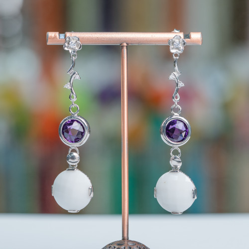 925 Silver Stud Earrings With Branches And Purple Zircons With White Agate Drop 17x60mm