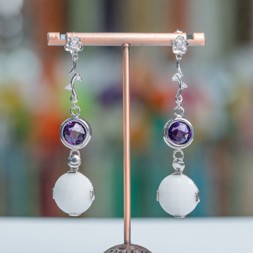 Boucles d'oreilles tiges en argent 925 avec branches et zircons violets avec goutte d'agate blanche 17x60mm