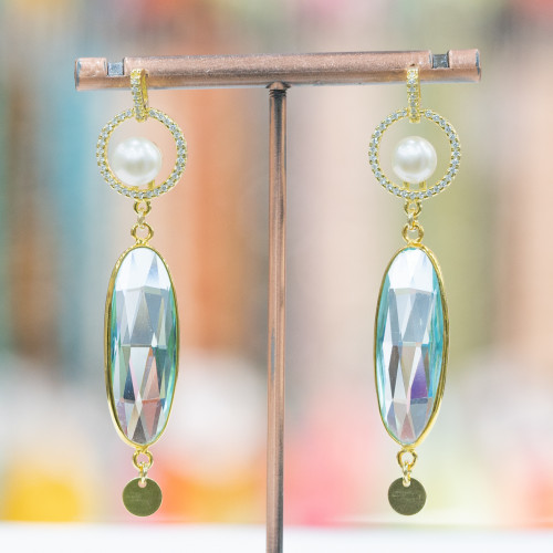 925 Silver Stud Earrings With Zircons And Pearl With Oval Cubic Zirconia Pendant 14x62mm Golden Aqua