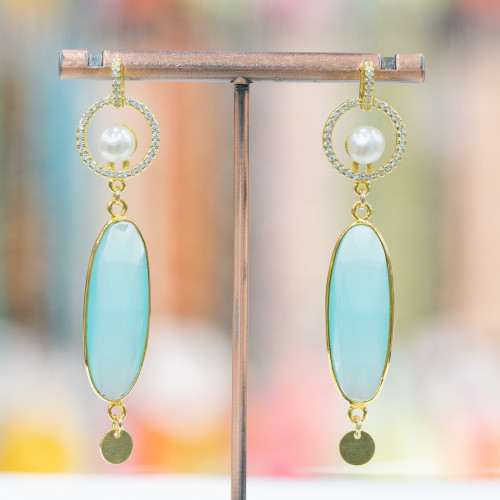 925 Silver Stud Earrings With Zircons And Pearl With Oval Cubic Zirconia Pendant 14x62mm Golden Turquoise