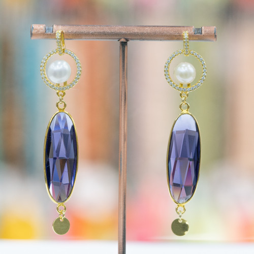 Boucles d'oreilles clous en argent 925 avec zircons et perle avec pendentif en zircone cubique ovale 14x62mm violet doré