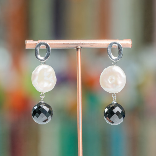 Stud Earrings Of 925 Silver And River Pearls Coin And Zircon Sphere 16x44mm
