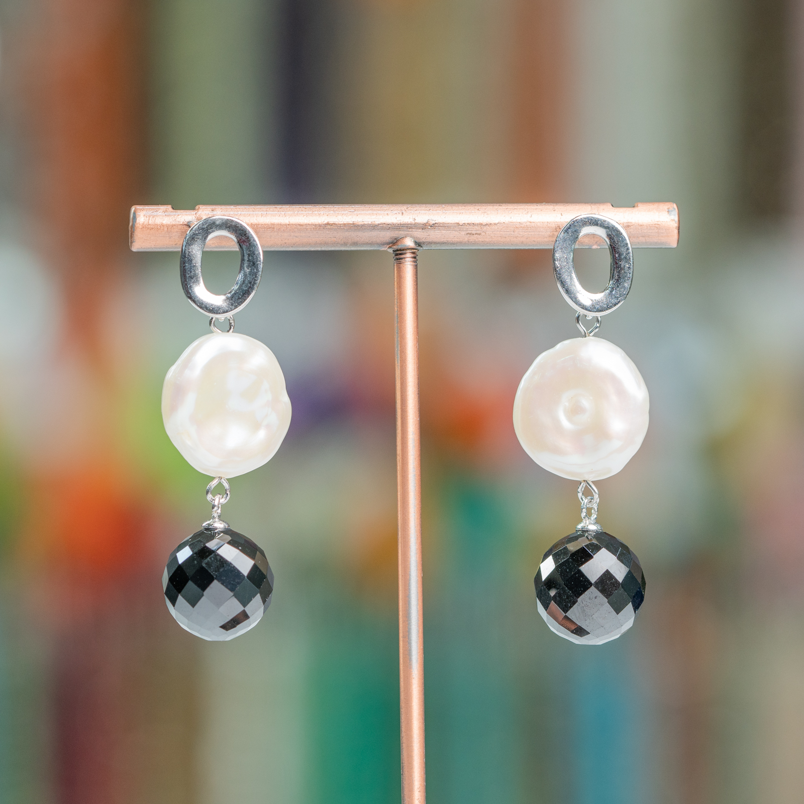 Orecchini A Perno Di Argento 925 E Perle Di Fiume Coin E Zircone Sfera 16x44mm