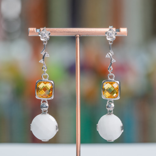 Boucles d'oreilles tiges branche en argent 925 avec zircons cubiques et agate 17x65mm