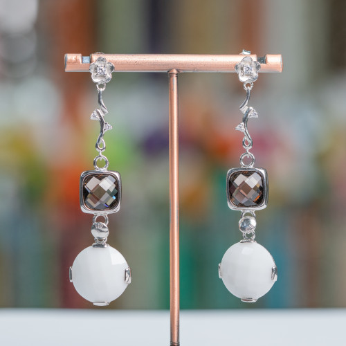 Boucles D'Oreilles Puces Branche En Argent 925 Avec Oxyde De Zirconium Et Agate 17x65mm Fumée