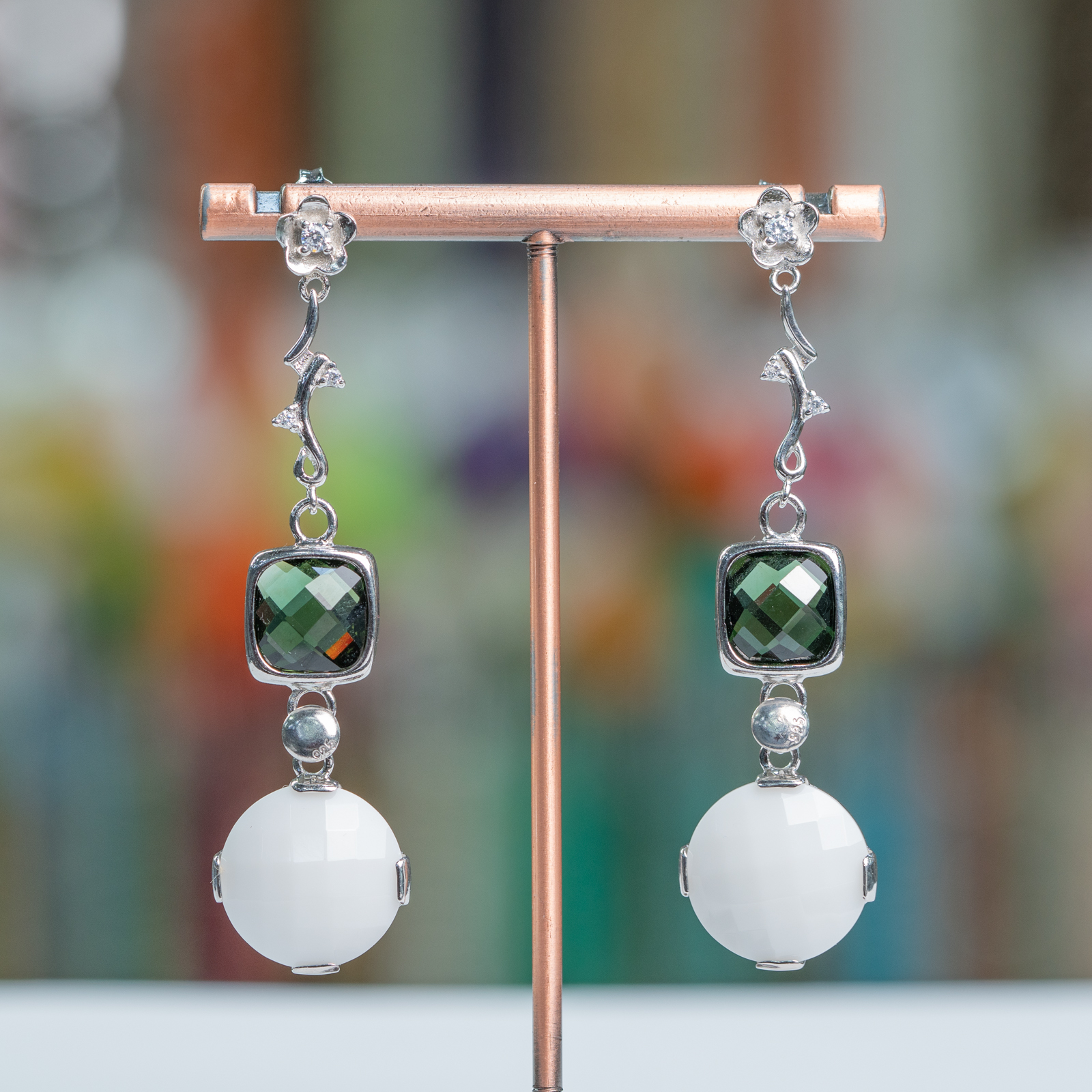 Orecchini A Perno Di Argento 925 Ramo Con Cubic Zirconia E Agata 17x65mm Verde