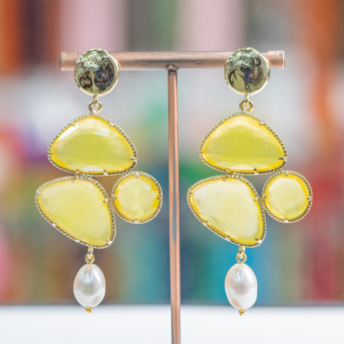 Wrought Bronze Stud Earrings with Cat's Eye Cabochon and Majorcan Pearl Drops 34x72mm Yellow