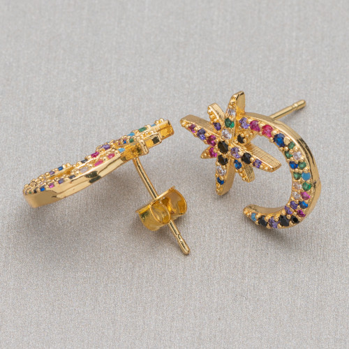 Bronze Stud Earrings With Multicolor Pavé Zircons Moon And Star 13x17mm