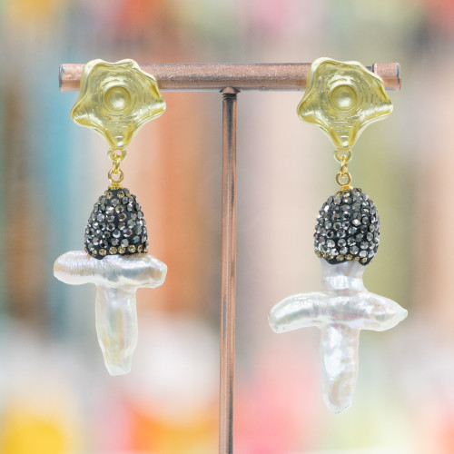 Boucles d'oreilles clous en bronze mat avec pendentif perle de rivière baroque et marcassite 18x50mm
