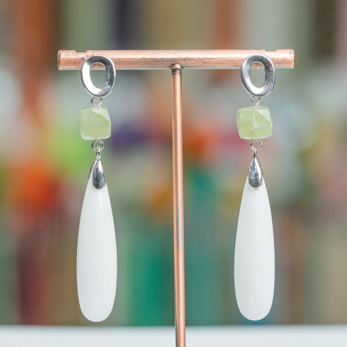 Boucles d'oreilles à tige en argent 925 avec zircons cubiques et zircons vert foncé - Blanc 10x67 mm