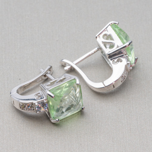 925 Silver Earrings With Zircons And Heat-diffused Topaz Cabochon 11x16mm Green