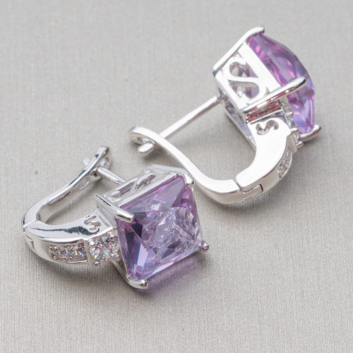 Orecchini Di Argento 925 Con Zirconi E Cabochon Di Topazio Termodiffuso 11x16mm Viola