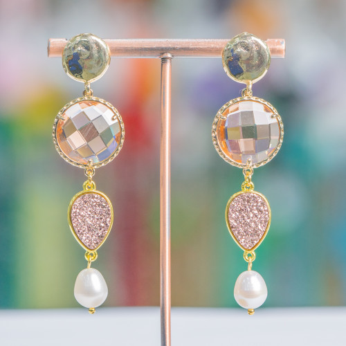Bronze Stud Earrings With Crystals, Druzes And River Pearls 18x70mm Champagne