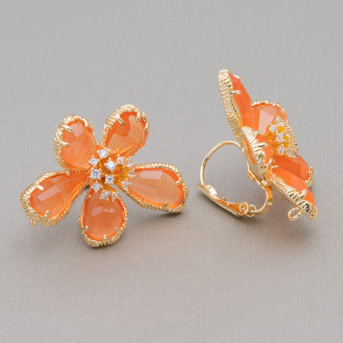 Pendientes de Bronce con Flor Ojo de Gato 5 Pétalos 24x32mm 1 Par Naranja