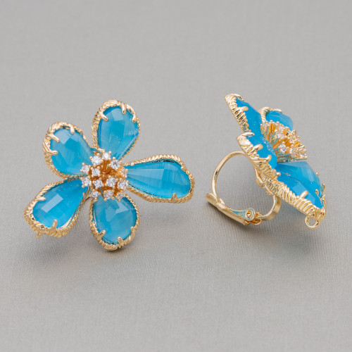 Pendientes De Bronce Con Flor Ojo De Gato 5 Pétalos 24x32mm 1 Par Azul Claro