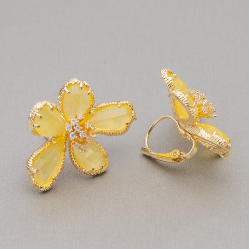Χάλκινα σκουλαρίκια με λουλούδι από μάτι γάτας 5 πέταλα 24x32mm 1 ζευγάρι κίτρινο