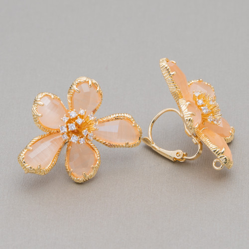 Bronze Earrings With Cat's Eye Flower 5 Petals 24x32mm 1 Pair Peach