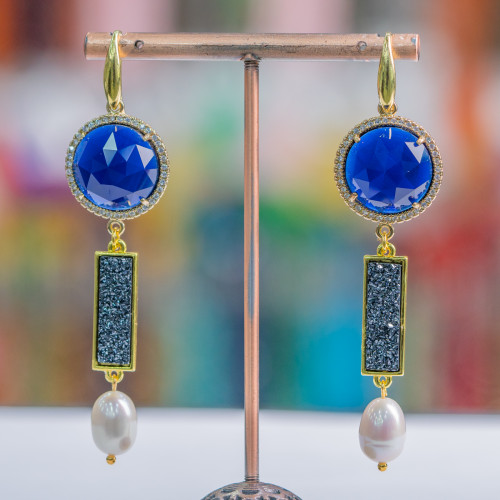 Pendientes De Plata 925 Con Ojo De Gato Y Druzi Con Perlas De Río 20x80mm Azul Oscuro