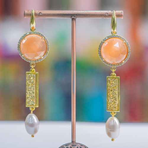 925 Silver Stud Earrings With Cat's Eye And Druzi With River Pearls 20x80mm Orange