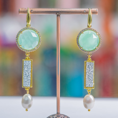 925 Silver Stud Earrings With Cat's Eye And Druzi With River Pearls 20x80mm Aqua Green