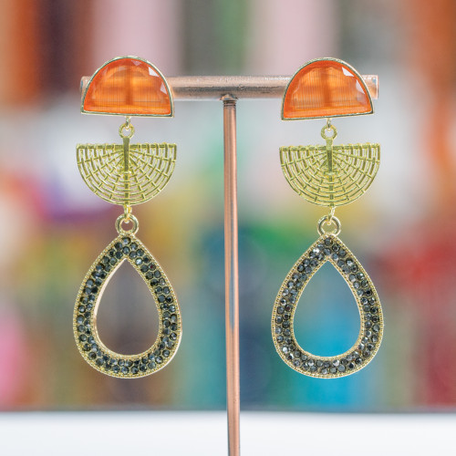 Bronze Stud Earrings With Cat's Eye And Marcasite Drop 22x65mm Orange