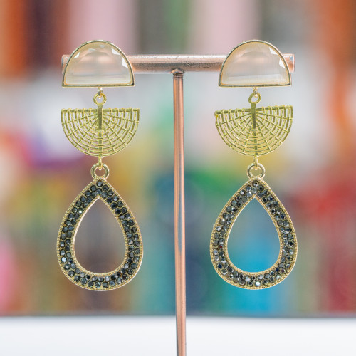 Bronze Stud Earrings With Cat's Eye And Marcasite Drop 22x65mm White