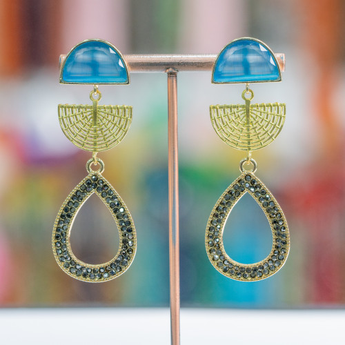 Bronze Stud Earrings With Cat's Eye And Marcasite Drop 22x65mm Light Blue