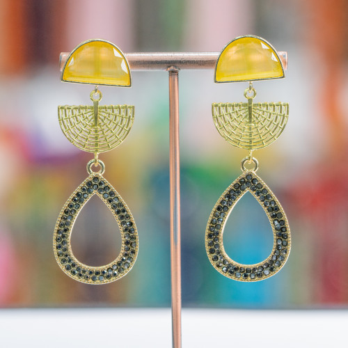 Bronze Stud Earrings With Cat's Eye And Marcasite Drop 22x65mm Yellow