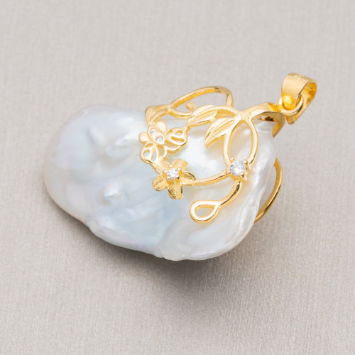 925 Silver Basket Pendant With Zircons And White Golden River Pearls