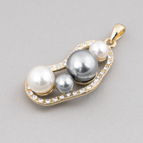 Messinganhänger mit zweifarbigen mallorquinischen Perlen und Zirkonen, 30 x 60 mm, golden