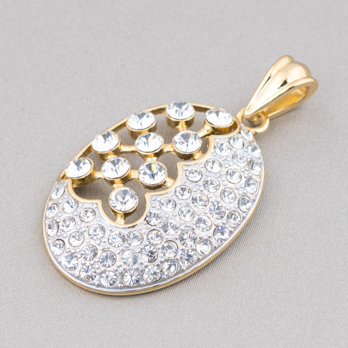 Pendentif Ovale en Laiton avec Zircons 22x50mm Doré