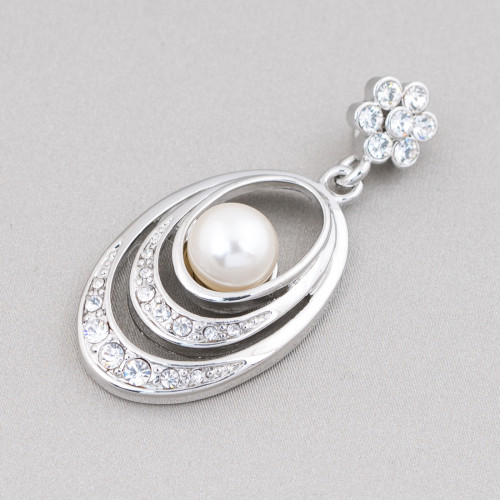 Oval Brass Pendant With Mallorcan Pearls And Zircons 22x48mm