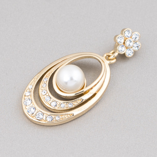 Oval Brass Pendant With Majorcan Pearls And Zircons 22x48mm Golden