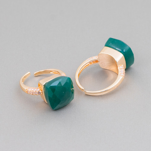 Bronze Ring with Cushion Cat's Eye 13mm with Zircons Set in Emerald Green