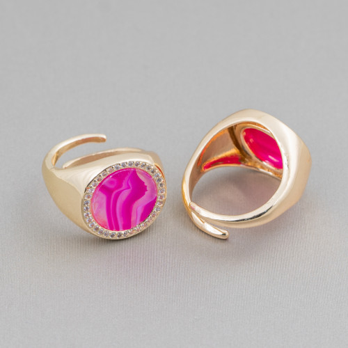 Bronze Ring With Natural Stone Plate With Zircons 16mm Adjustable Size Fuchsia Striated Agate