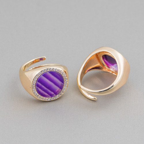 Bronze Ring With Natural Stone Plate With Zircons 16mm Adjustable Size Purple Striated Agate
