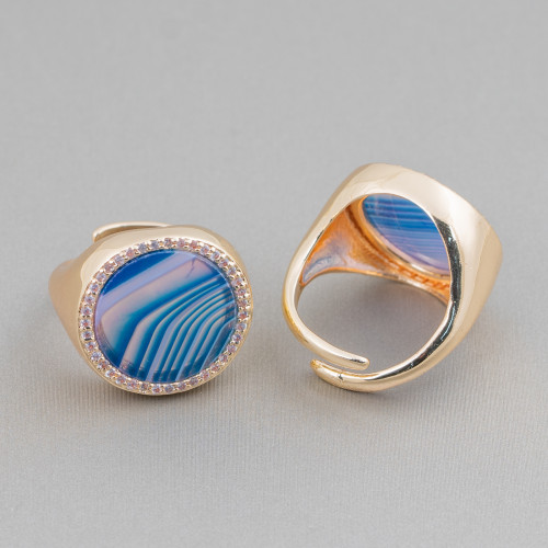 Bronze Ring With Natural Stone Plate With Zircons 20mm Adjustable Size Blue Striated Agate