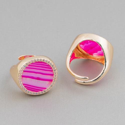 Bronze Ring With Natural Stone Plate With Zircons 20mm Adjustable Size Fuchsia Striated Agate